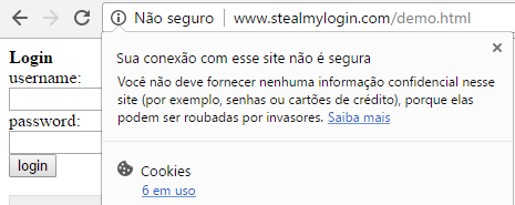 Aviso de site não seguro, no Google Chrome